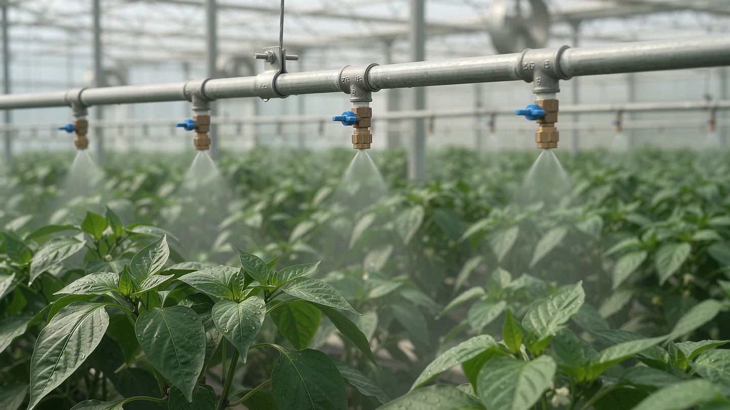 固定喷嘴向种植区喷出细雾 / Fixed nozzles misting a growing area